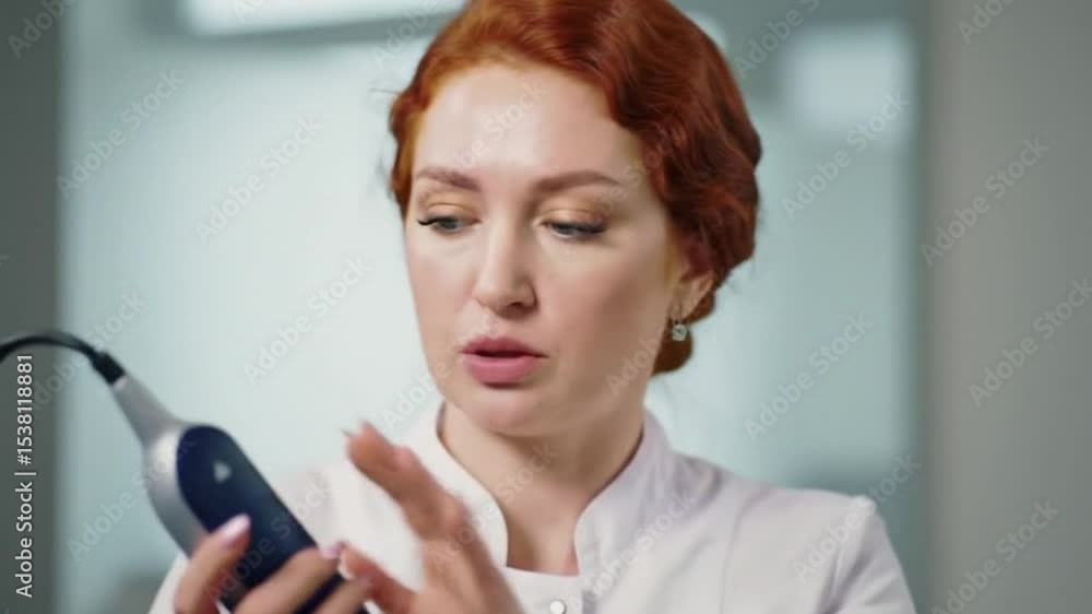 Professional Female Doctor Explaining and Demonstrating a Medical Diagnostic Device in a Clinic Setting, Healthcare Technology Professional Female Doctor Explaining and Demonstrating a Medical Diagnostic Device in a Clinic Setting, Healthcare Technology