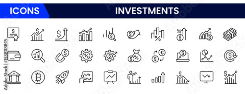 Sleek vector web line icons depicting investments, stocks, portfolios, growth, financial planning, and wealth-building strategies for economic success.