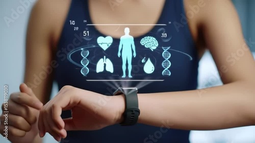 Close-Up of Smartwatch Displaying Futuristic Holographic Human Health Data. Digital Healthcare Monitoring and Medical Innovation Concept.