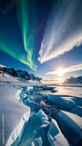 Dramatic arctic landscape featuring icebergs, mountains, the aurora borealis, and stunning cloud formations at sunrise in the sky.