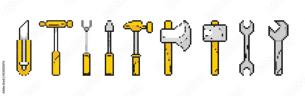 Set of pixel icons for games.Tools,hammer,key,axe, screwdriver,knife.Level Up.Pixel loot items award objects for retro video game design.Isolated on white. Set of pixel icons for games.Tools,hammer,key,axe, screwdriver,knife.Level Up.Pixel loot items award objects for retro video game design.Isolated on white.