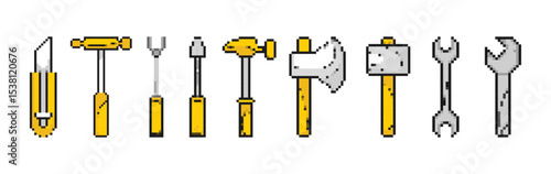 Set of pixel icons for games.Tools,hammer,key,axe, screwdriver,knife.Level Up.Pixel loot items award objects for retro video game design.Isolated on white.