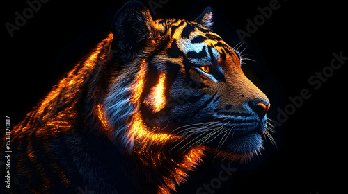 Fierce tiger illuminated by glowing fur.