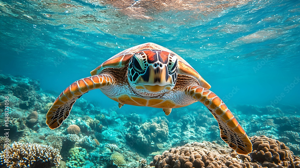 Fototapeta premium Sea turtle swimming amongst coral reefs.