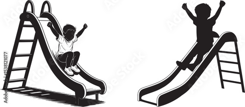 Silhouette of Kids Playing on Playground Slide Silhouette Icons vector
