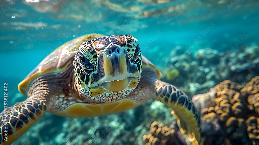 Fototapeta premium Close-up view of a sea turtle swimming in turquoise water.