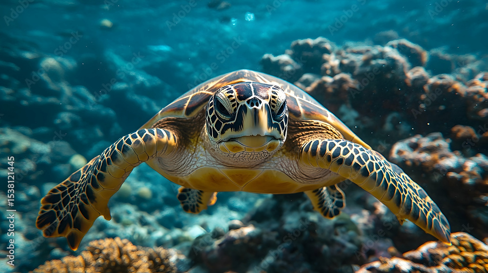 Fototapeta premium A sea turtle glides through the coral reef.