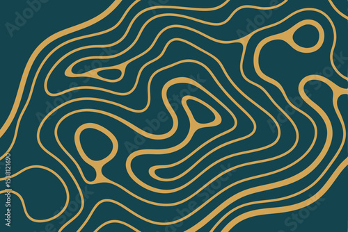 Abstract Contour Lines on Teal Background, Flowing Golden Topographic Pattern Design