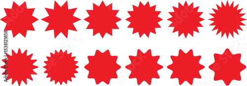 Set of red starburst. Price sticker, sale sticker, price tag, starburst, quality mark, retro stars, sale. Circle sticker set. Wavy edge promo red badges. Star burst shape tags for price. Red sale tag,