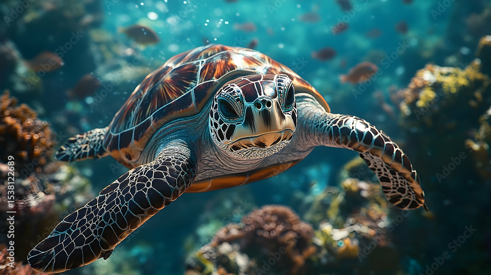 Fototapeta premium Sea turtle swimming amidst a coral reef.