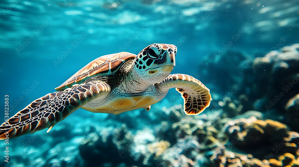 Obraz premium Sea turtle swimming gracefully in the ocean.