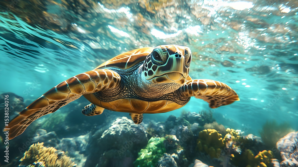 Fototapeta premium Close-up view of a sea turtle swimming in clear, shallow water.