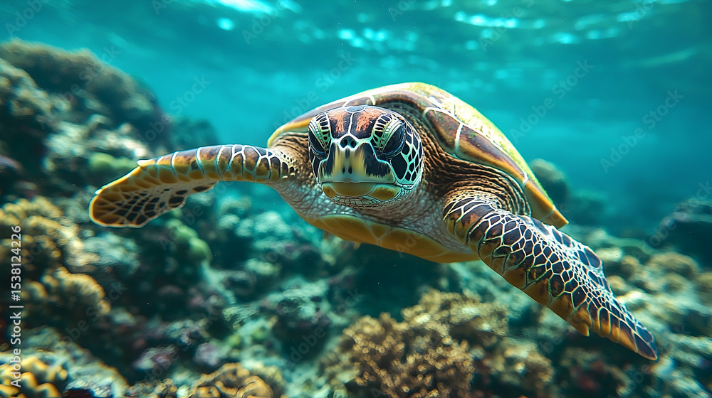 Fototapeta premium Sea turtle swimming amidst coral reef.