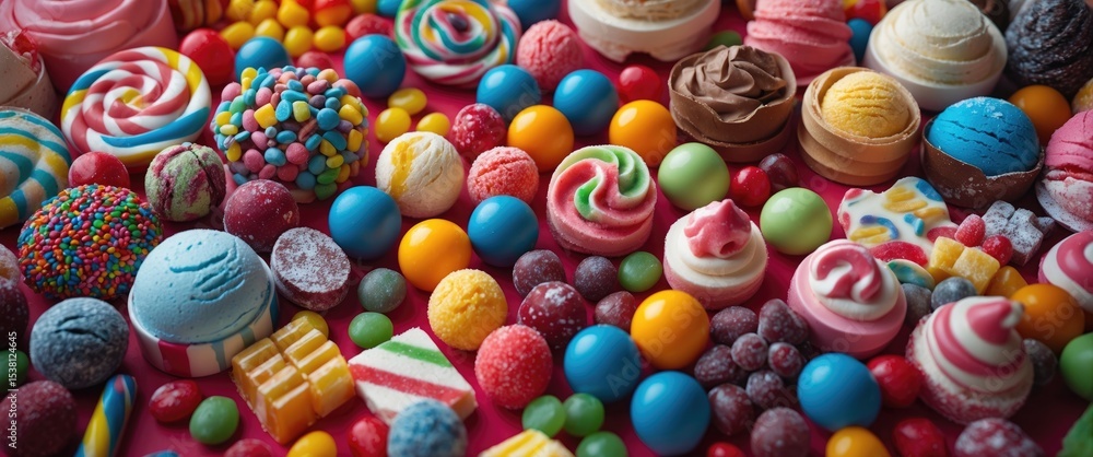 Fototapeta premium Assortment of colourful, festive sweets, ice-cream, and candy in a panoramic view with empty space for text