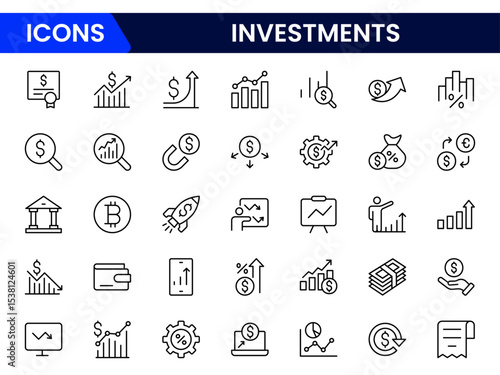 Sleek vector web line icons depicting investments, stocks, portfolios, growth, financial planning, and wealth-building strategies for economic success.