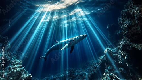 Sunlight beams illuminate a whale in a deep ocean scene
