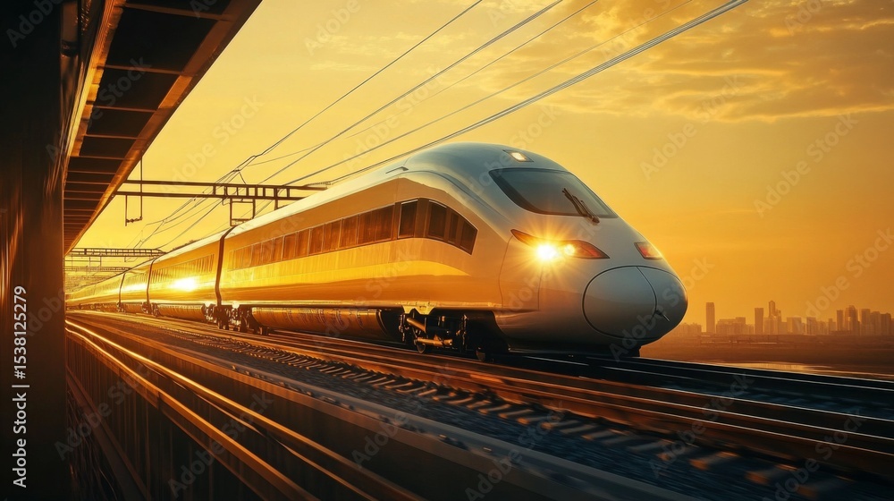 Naklejka premium A dynamic shot of a high-speed train crossing a bridge at sunset, with the golden light reflecting off its smooth, aerodynamic design.
