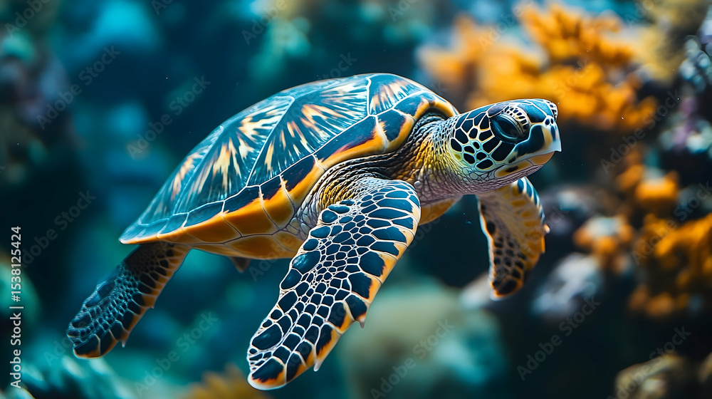 Fototapeta premium Vibrant sea turtle swimming in an aquarium setting.