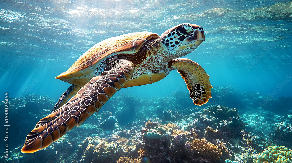 Obraz premium Sea turtle swimming amidst coral reef.
