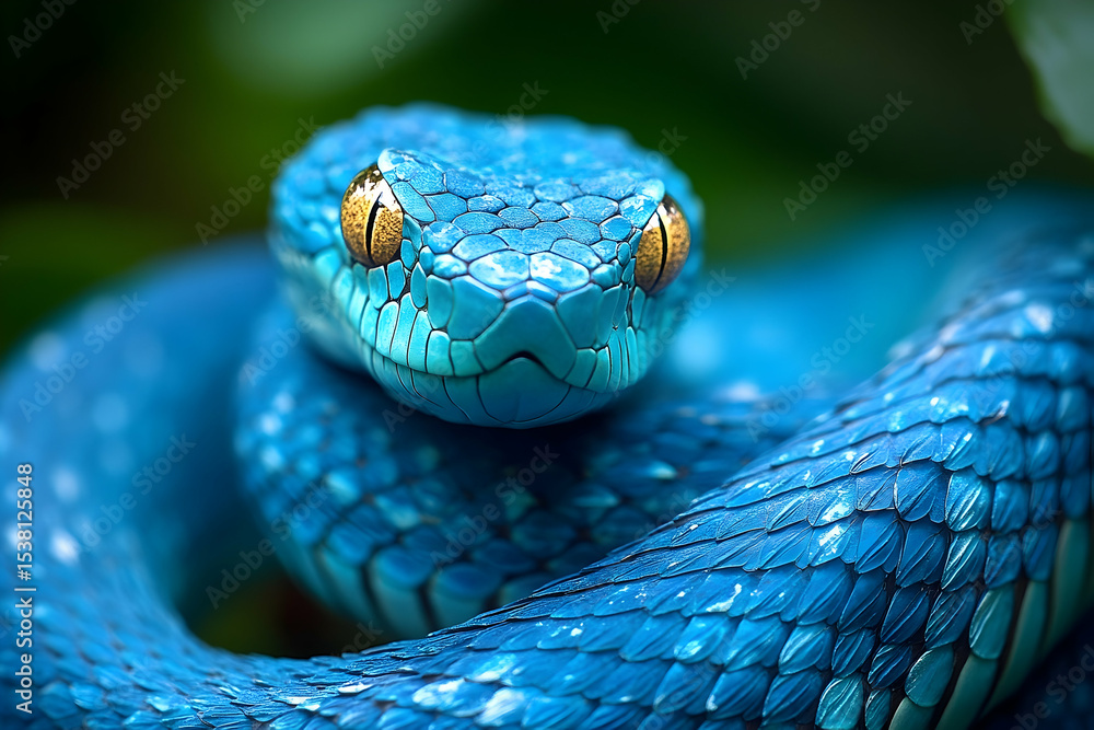 Fototapeta premium Close-up view of a vibrant blue venomous snake.