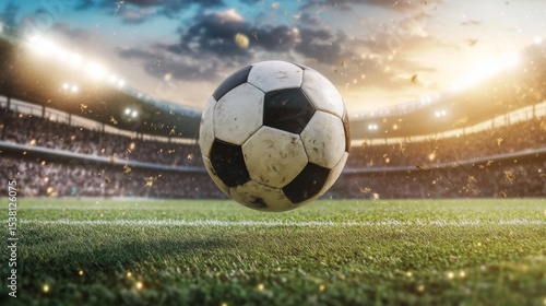 A dynamic shot of a soccer ball in mid-air, being kicked by a player on a green field with stadium lights and a cheering crowd in the background.