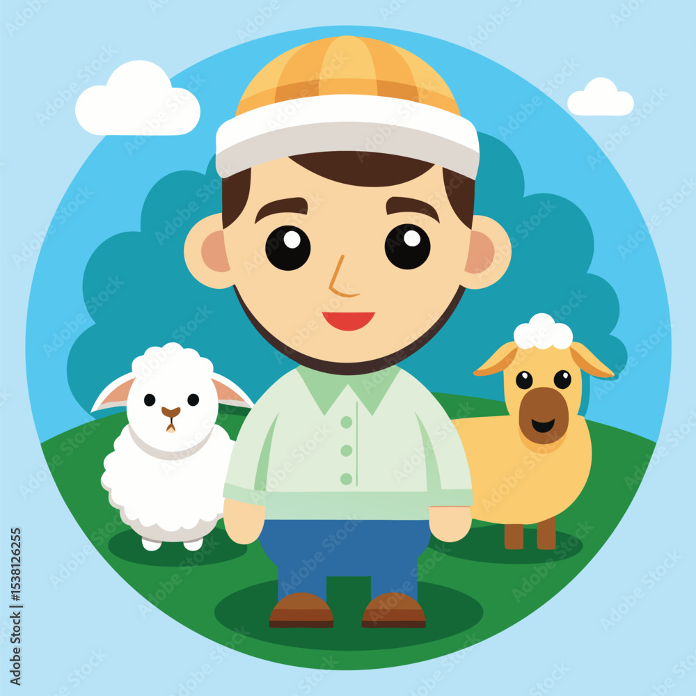 Naklejka premium Cartoon Muslim Man with Sheep – Islamic Tradition and Sacrifice Concept Vector Isolated
