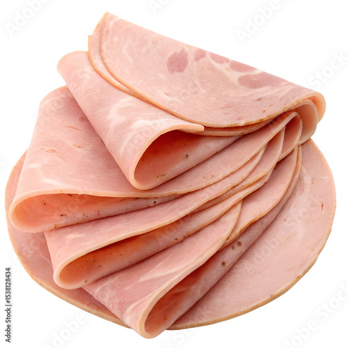 Bologna ham slices, folded in half and stacked on top of each other cut out isolated transparent background