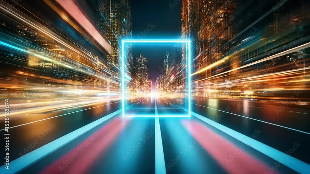 Neon frame on a city street with motion blur