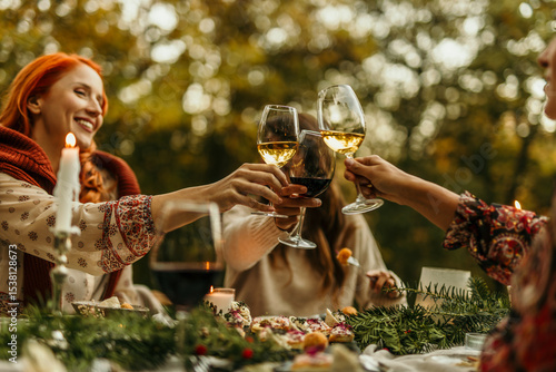 Bild auf Leinwand Friends toasting wine glasses celebrating outdoors autumn festive dinner party