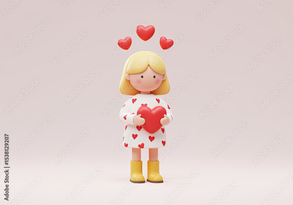 Fototapeta premium A little girl holds a big red heart and gives warmth and attention