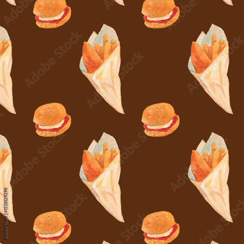 English fast food watercolor pattern. Fish and chips, scone painting elements. English cuisine colorful background. Brown rustic wallpaper for decoration and menu template.