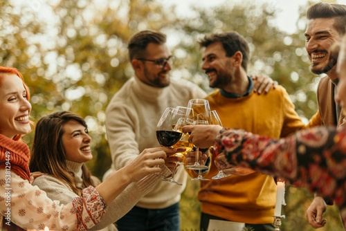 Canvas Print Friends toasting wine glasses, celebrating outdoors in autumn