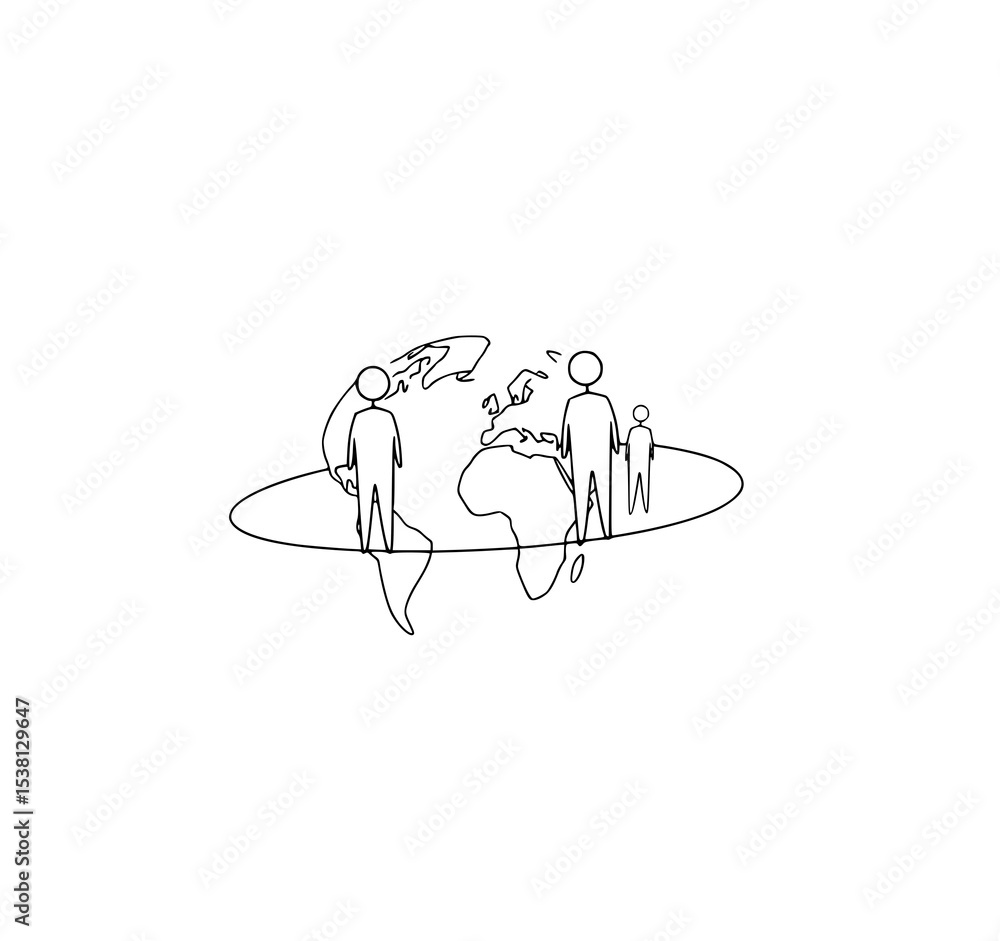 Obraz premium Global Community: A simple line art illustration depicts three figures standing on a stylized Earth, symbolizing global connection and unity.