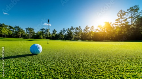 A golf ball rolling towards the hole on a perfectly manicured green, with the flag waving in the breeze under a bright afternoon sun.