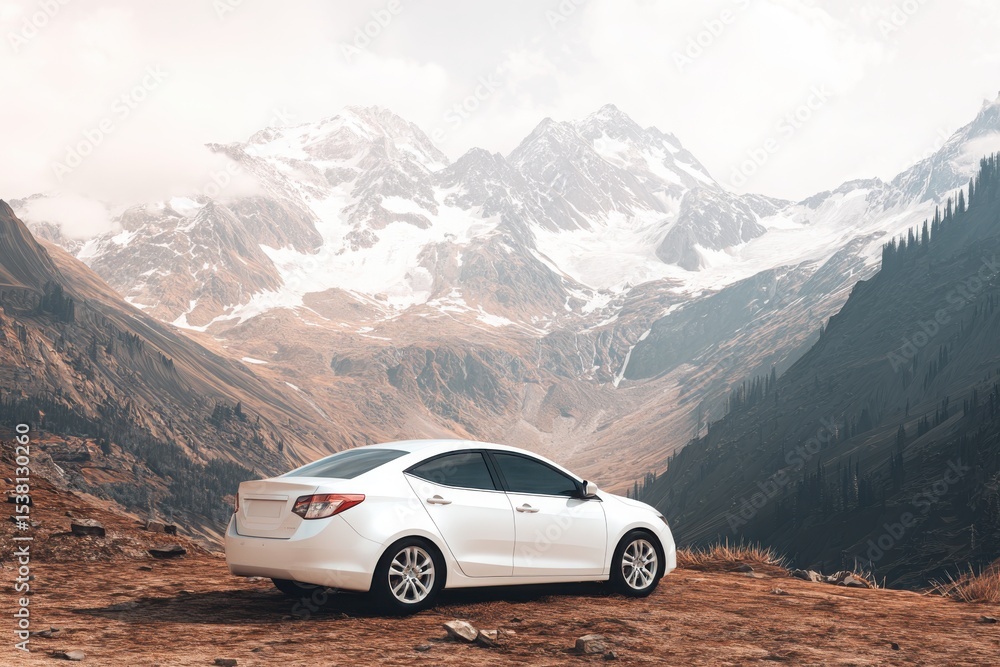 Naklejka premium A white car on a mountain background with copy space