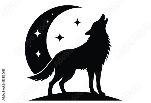 Wolf Howling at Full Moon Silhouette Vector Night Scene Illustration