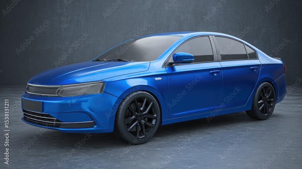 Obraz premium Blue car on a gray background with copy space, a banner for web design or advertising of the new model.