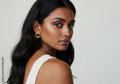 Portrait of a dark-skinned young Indian woman on a white background