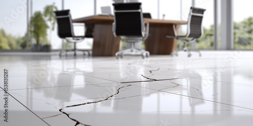 Damaged office floor: Cracks mar the polished tile surface in a modern workspace, suggesting structural issues or wear and tear. Urgent repair needed.