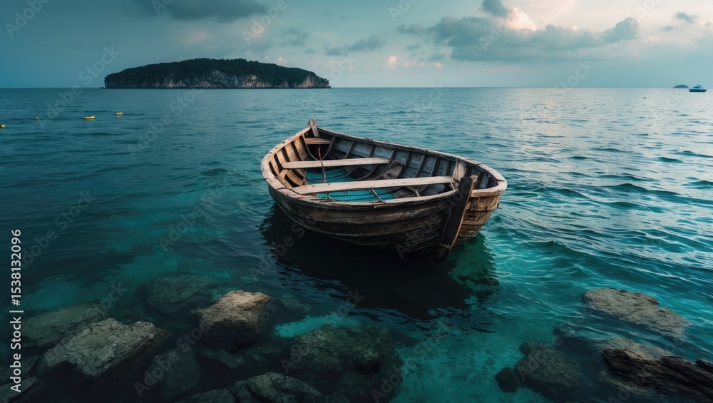 Fototapeta premium Boat Round Float In The Sea Offered Him Poda Island, With Blank Space For Text