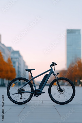 minimalistic shot of sleek electric bicycle standing alone in spacious urban setting with ample copy space