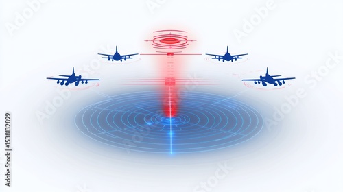 Stylized illustration of fighter jets in formation, with radar beams and tracking visuals