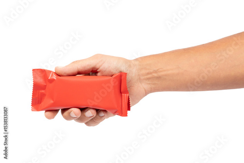 Male hand holding red snack mockup isolated no background cutout