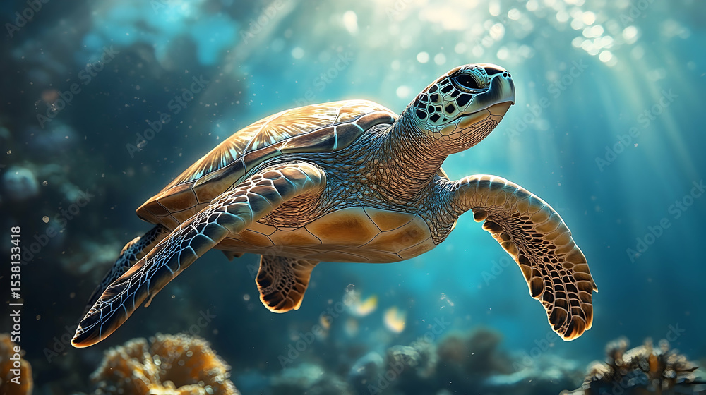 Obraz premium Sea turtle swimming in the ocean depths.