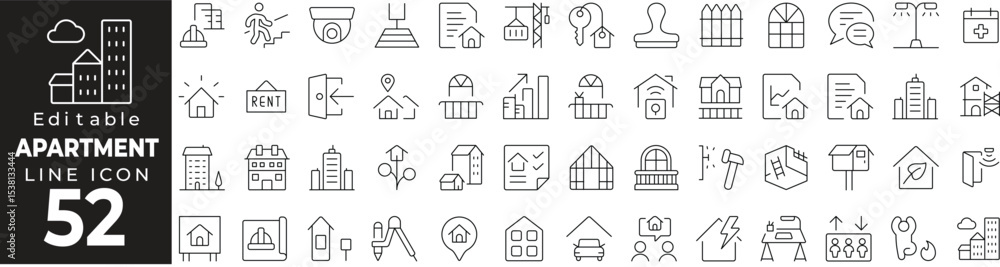 Obraz premium Modern apartment building linear icons. Includes city flats, real estate, high-rise living, home rentals, and property symbols. Editable stroke.