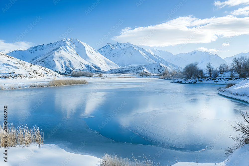 Fototapeta premium Snow covered mountains reflect in a calm lake under a bright blue sky.