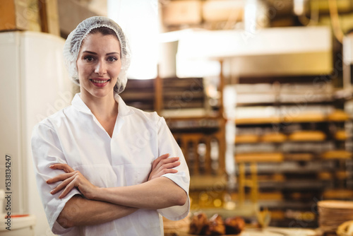 Фотография Female pastry chef standing in bakery wearing chef coat, hairnet amid racks, tra