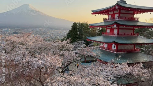 Majestic Mount Fuji viewed from Chureito Pagoda during cherry blossom season.  The iconic red pagoda and stunning pink blossoms create a breathtaking Japanese landscape.