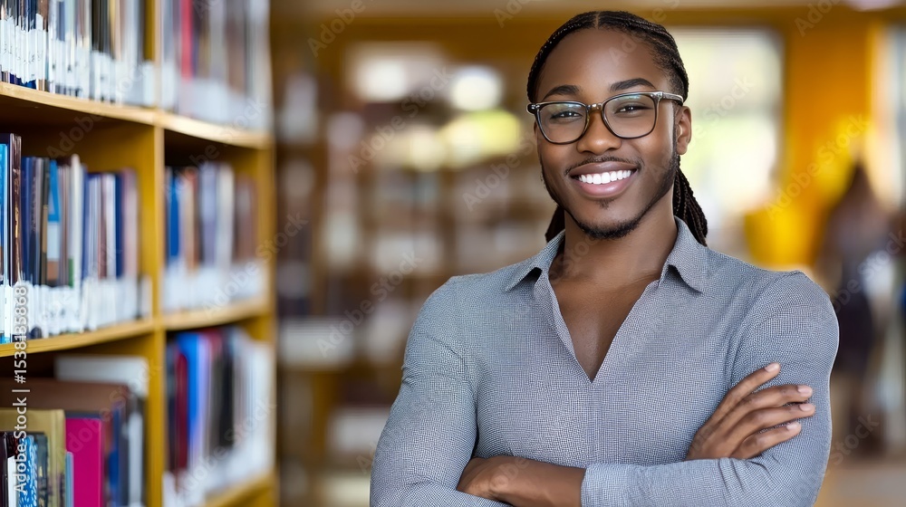 Fototapeta premium Confident Black Professor Smiling in University Library Surrounded by Educational Resources