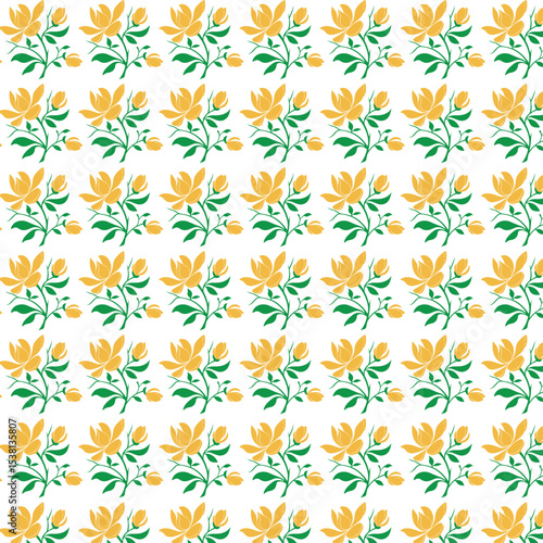 Wallpaper Mural A vibrant floral repeat pattern featuring stylized yellow blossoms with green leaves, set against a soft white background, perfect for textiles, wallpapers, or decorative crafts. Torontodigital.ca